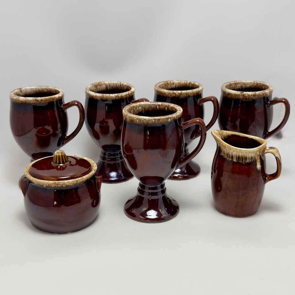 HULL USA Brown Drip Creamer, Sugar Bowl, 5 Irish Coffee Grandmug Pedestal Goblet